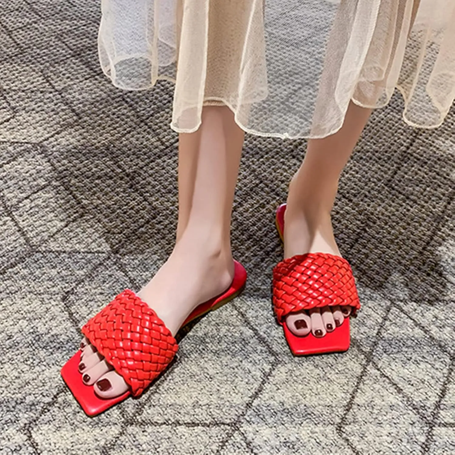 QMFUR Women Square Toe Flat Sandals Woven Leather Slippers Beach slides