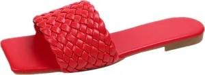 QMFUR Women Square Toe Flat Sandals Woven Leather Slippers Beach slides