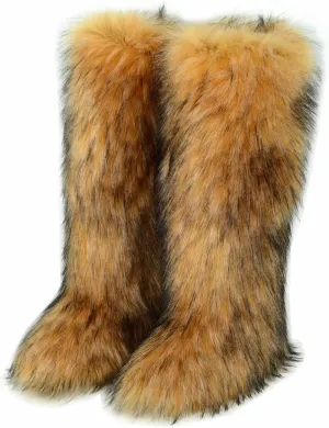 QMFUR Women's Furry Faux Fur Boot Fluffy Knee High Snow Boots Round Toe Suede Winter Comfy Plush Warm Outdoor Indoor Flat Shoes Fashion Boots