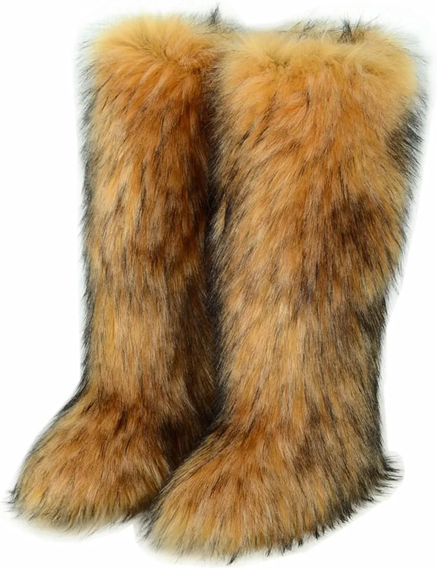 QMFUR Women's Furry Faux Fur Boot Fluffy Knee High Snow Boots Round Toe Suede Winter Comfy Plush Warm Outdoor Indoor Flat Shoes Fashion Boots
