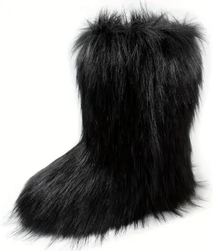 QMFUR Women's Furry Faux Fur Boots Fuzzy Fluffy Mid Calf Snow Boots Suede Warm Fur Lined Booties Flat Fashion Boots