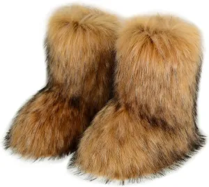 QMFUR Women's Furry Faux Fur Boots Fuzzy Fluffy Mid Calf Snow Boots Suede Warm Fur Lined Booties Flat Fashion Boots