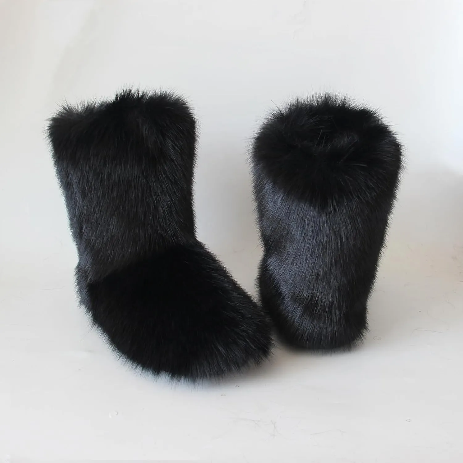 QMFUR Women's Furry Faux Fur Boots Fuzzy Fluffy Mid Calf Snow Boots Suede Warm Fur Lined Booties Flat Fashion Boots