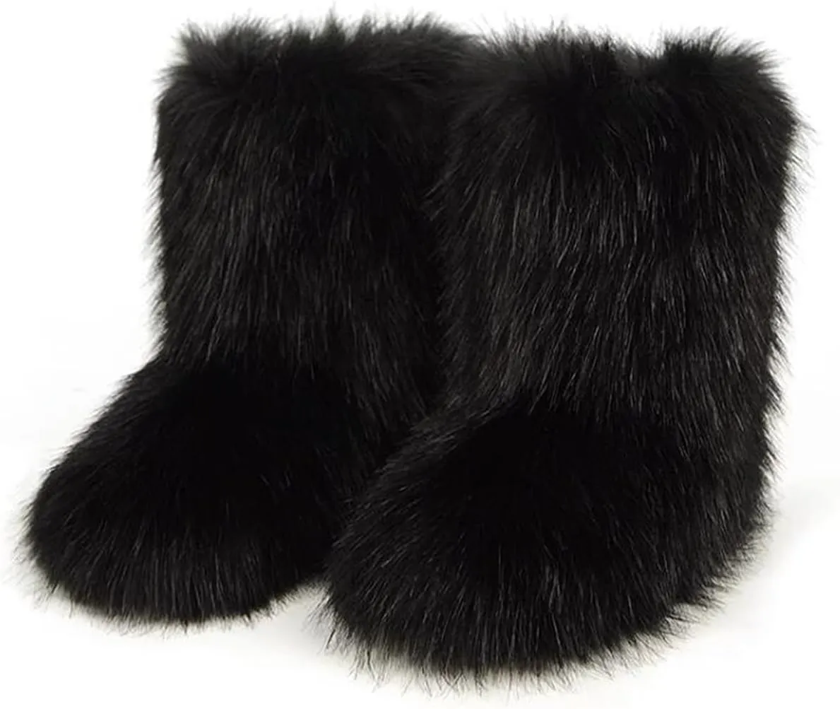QMFUR Women's Furry Faux Fur Boots Fuzzy Fluffy Mid Calf Snow Boots Suede Warm Fur Lined Booties Flat Fashion Boots