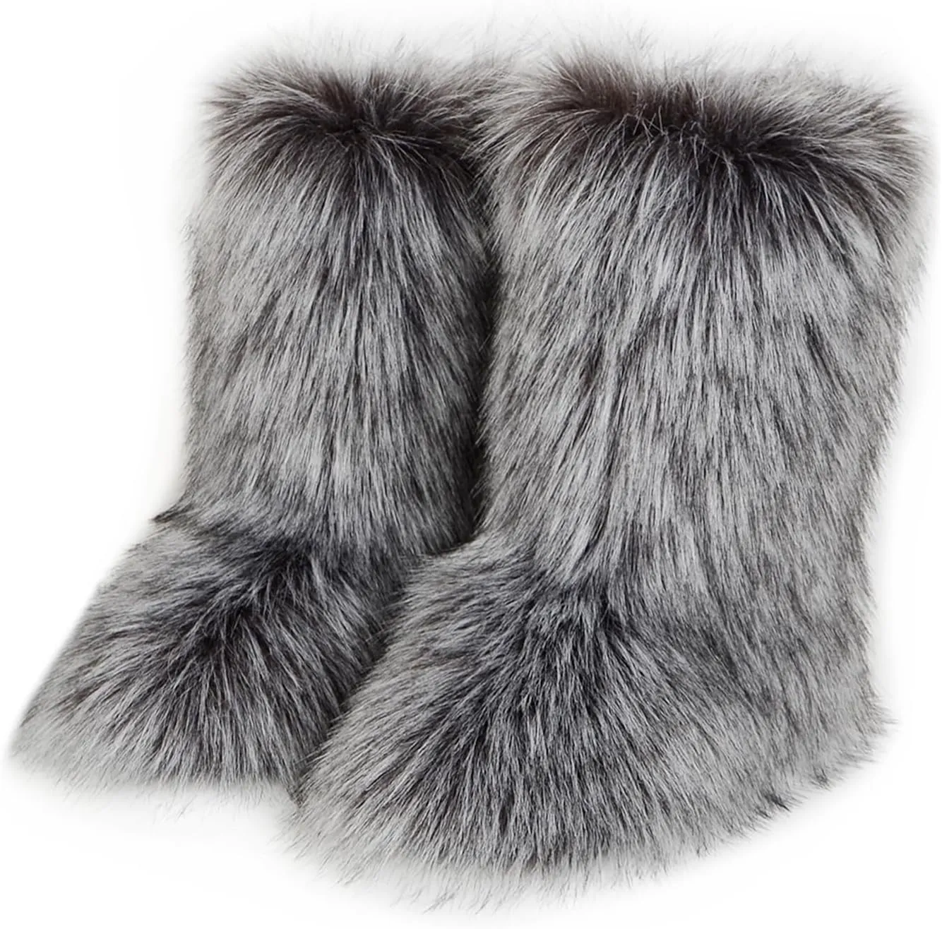 QMFUR Women's Furry Faux Fur Boots Fuzzy Fluffy Mid Calf Snow Boots Suede Warm Fur Lined Booties Flat Fashion Boots