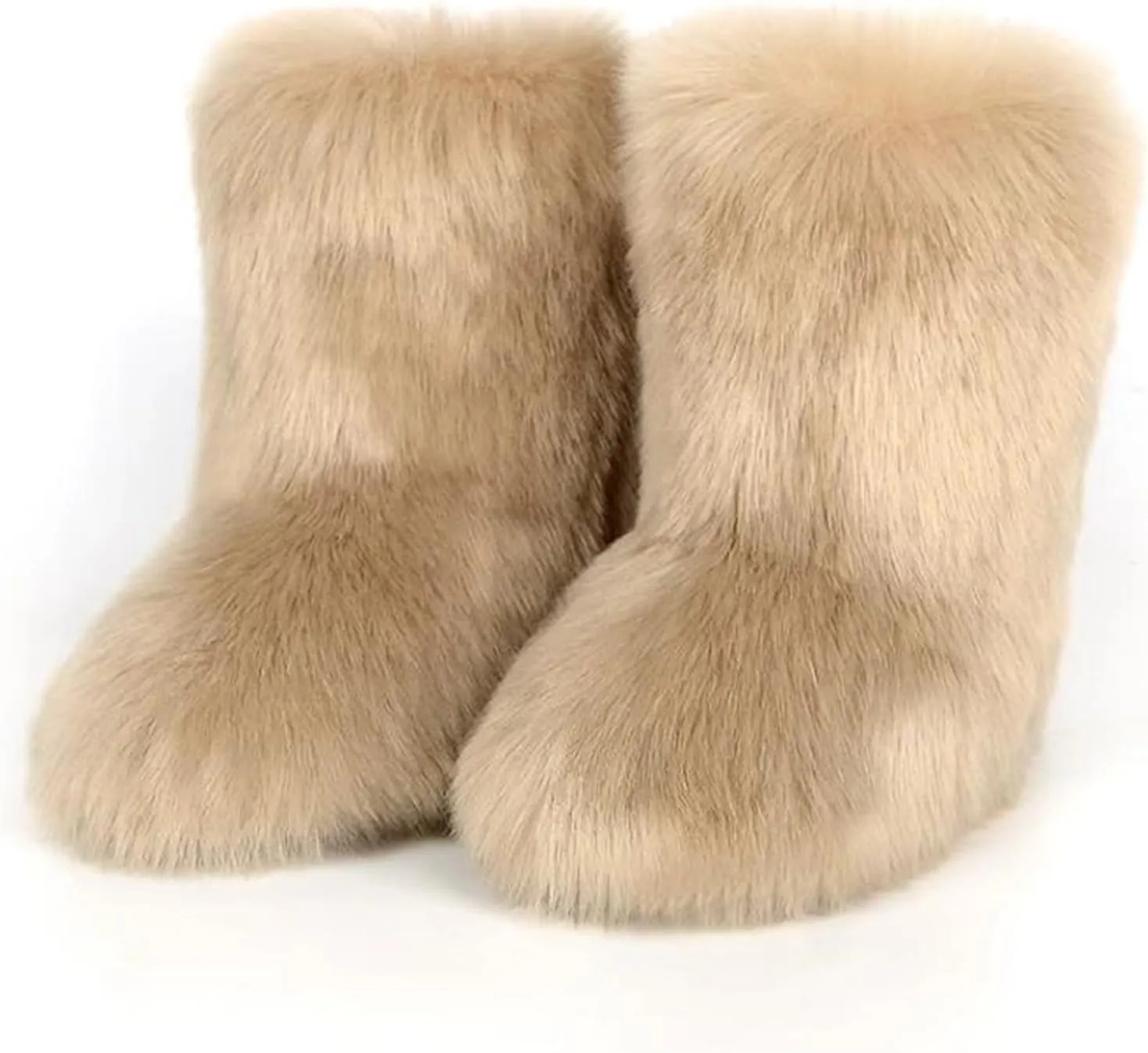 QMFUR Women's Furry Faux Fur Boots Fuzzy Fluffy Mid Calf Snow Boots Suede Warm Fur Lined Booties Flat Fashion Boots