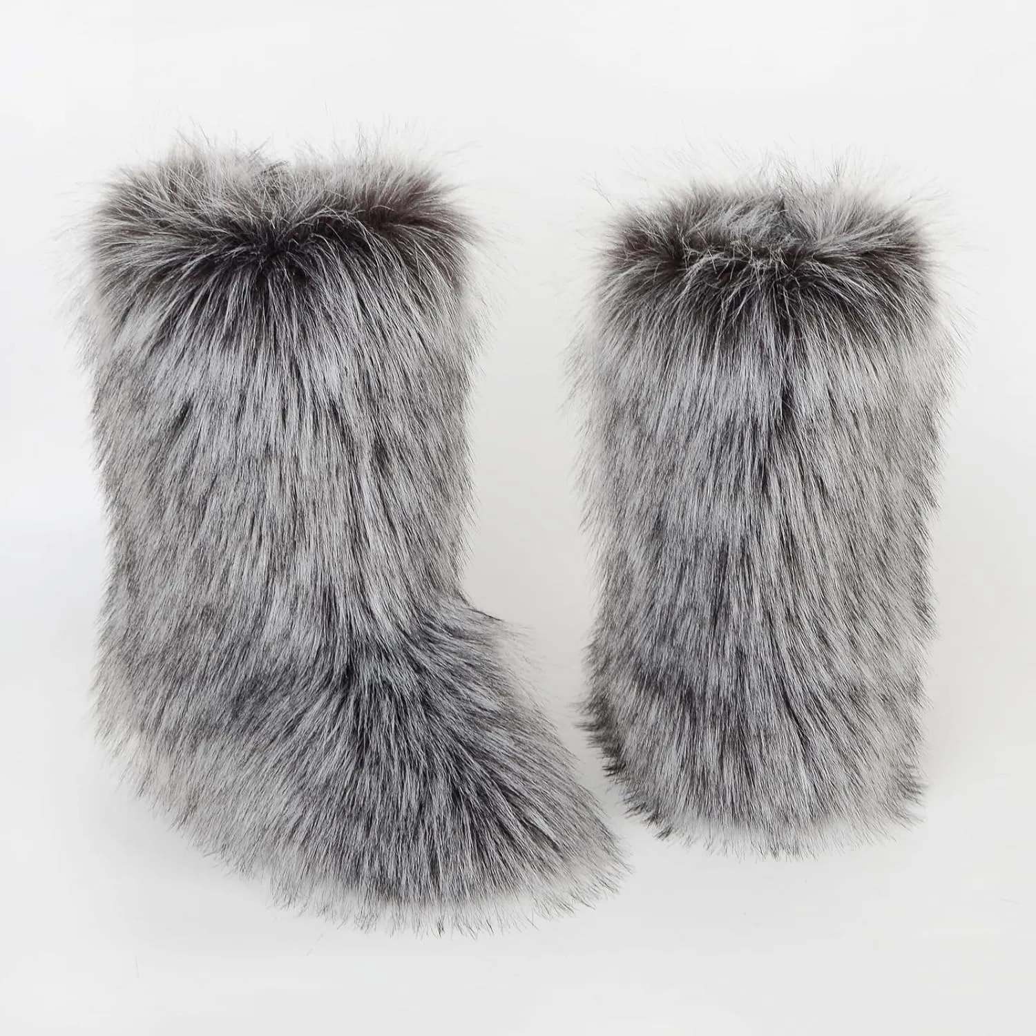 QMFUR Women's Furry Faux Fur Boots Fuzzy Fluffy Mid Calf Snow Boots Suede Warm Fur Lined Booties Flat Fashion Boots