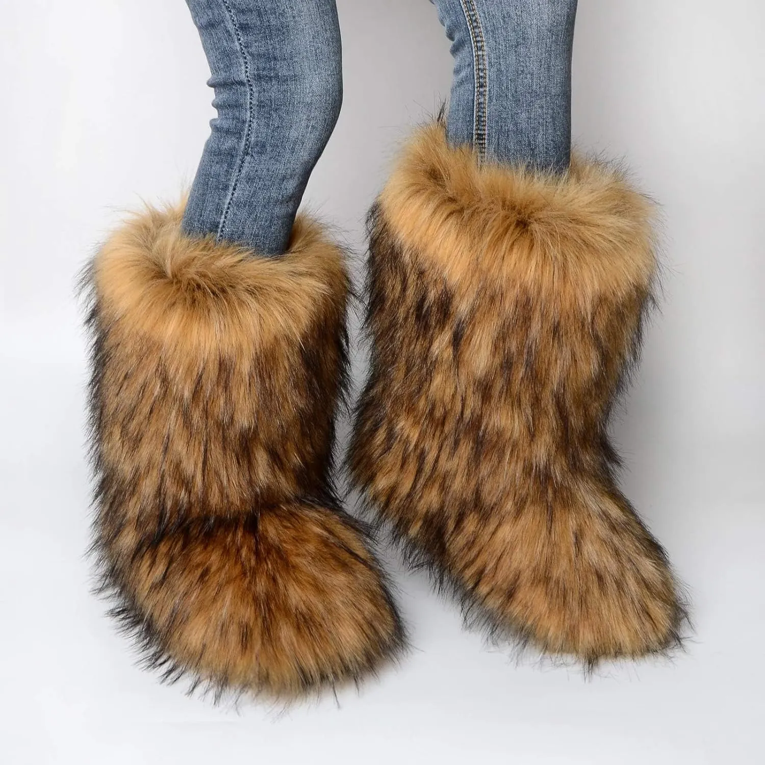 QMFUR Women's Furry Faux Fur Boots Fuzzy Fluffy Mid Calf Snow Boots Suede Warm Fur Lined Booties Flat Fashion Boots