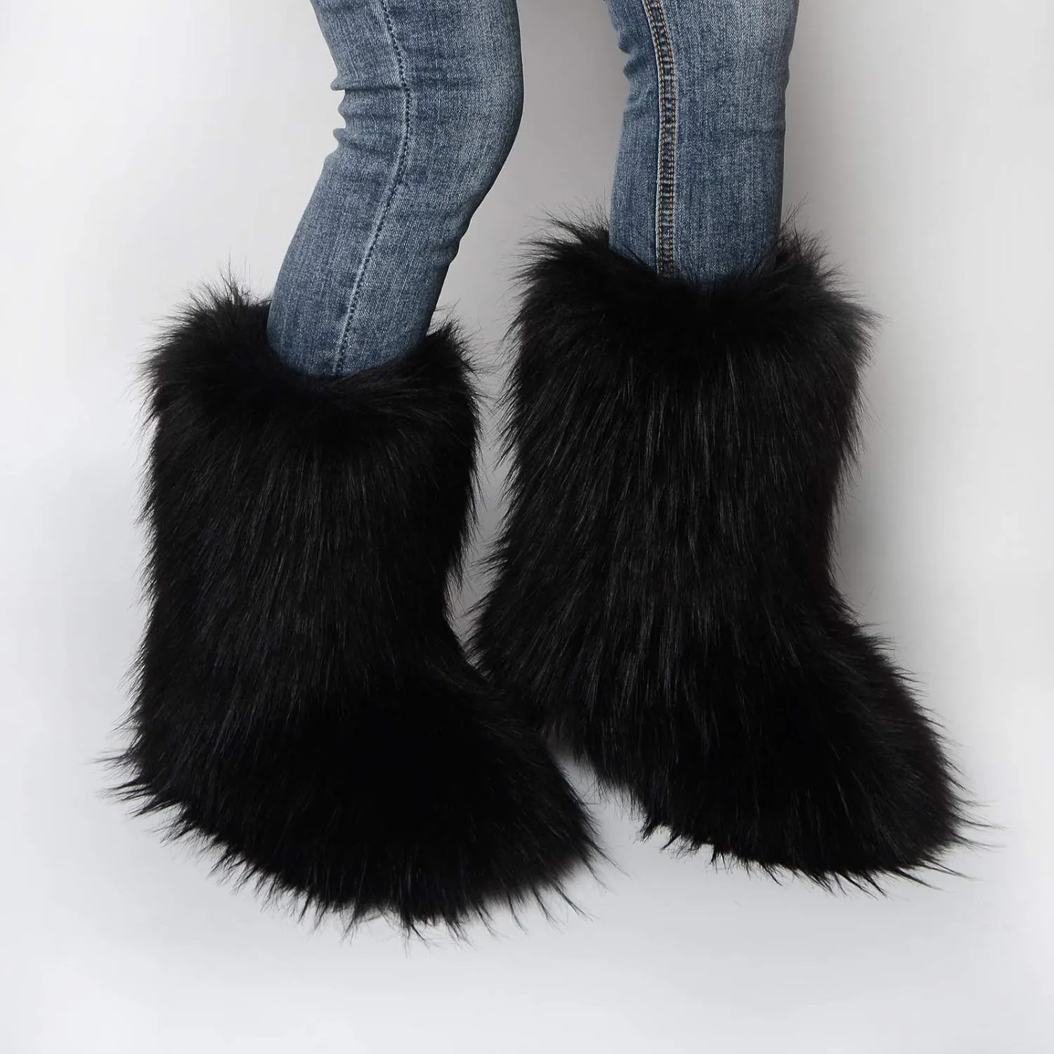 QMFUR Women's Furry Faux Fur Boots Fuzzy Fluffy Mid Calf Snow Boots Suede Warm Fur Lined Booties Flat Fashion Boots