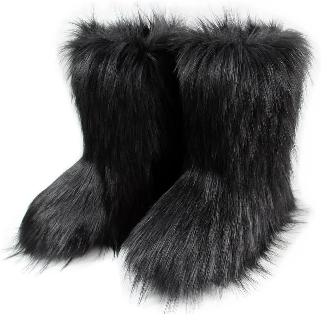 QMFUR Women's Furry Faux Fur Boots Fuzzy Fluffy Mid Calf Snow Boots Suede Warm Fur Lined Booties Flat Fashion Boots