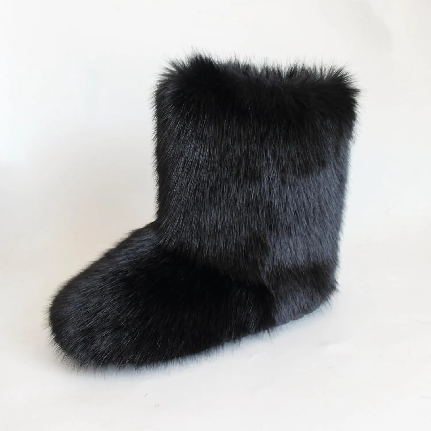 QMFUR Women's Furry Faux Fur Boots Fuzzy Fluffy Mid Calf Snow Boots Suede Warm Fur Lined Booties Flat Fashion Boots