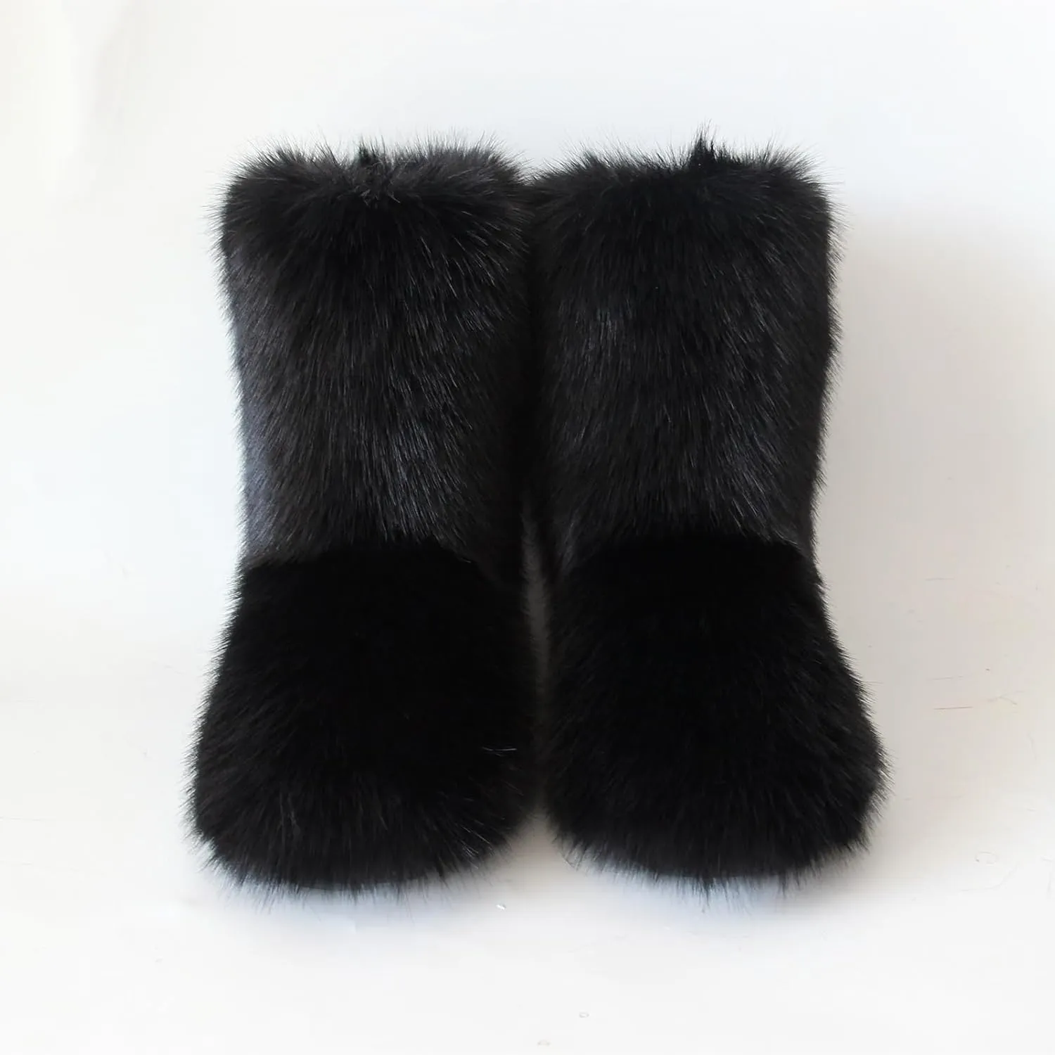 QMFUR Women's Furry Faux Fur Boots Fuzzy Fluffy Mid Calf Snow Boots Suede Warm Fur Lined Booties Flat Fashion Boots