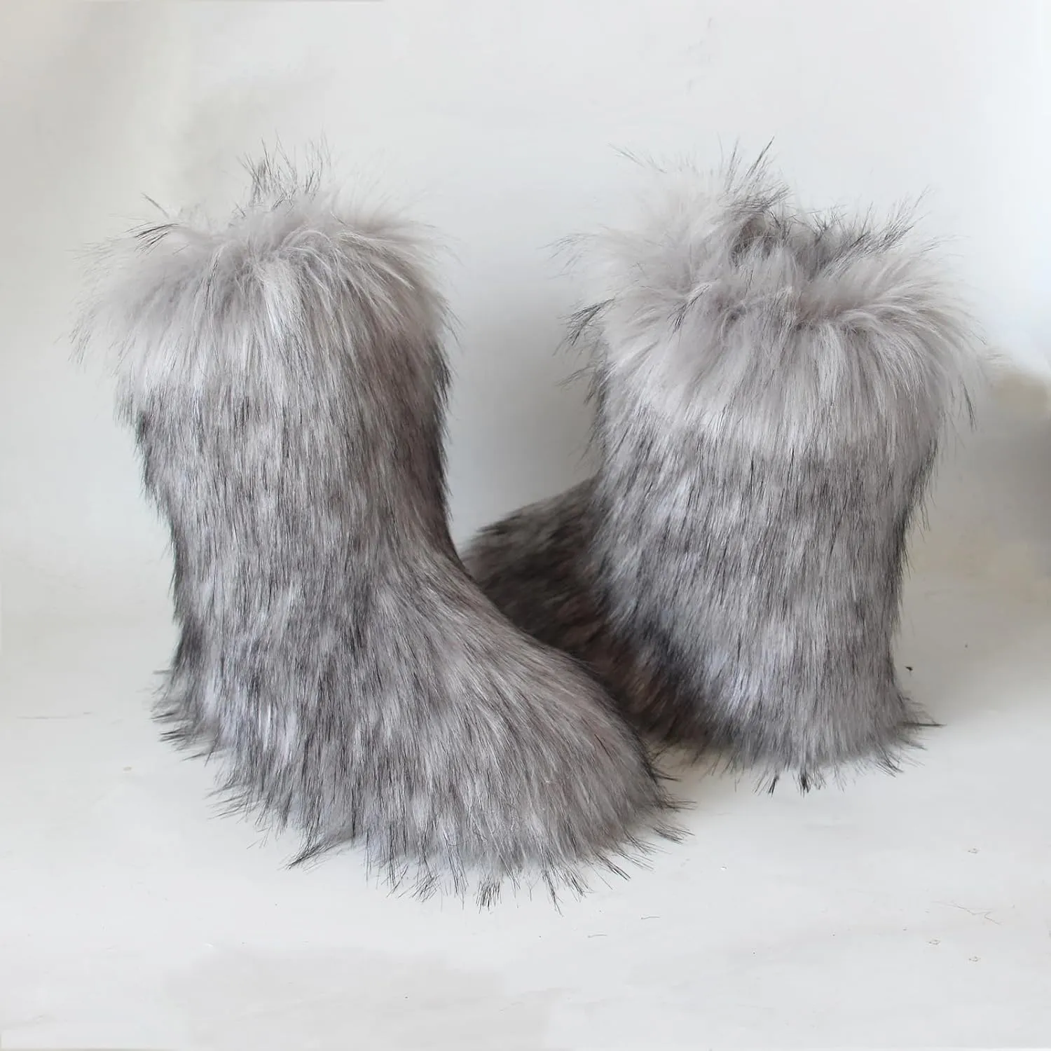 QMFUR Women's Furry Faux Fur Boots Fuzzy Fluffy Mid Calf Snow Boots Suede Warm Fur Lined Booties Flat Fashion Boots
