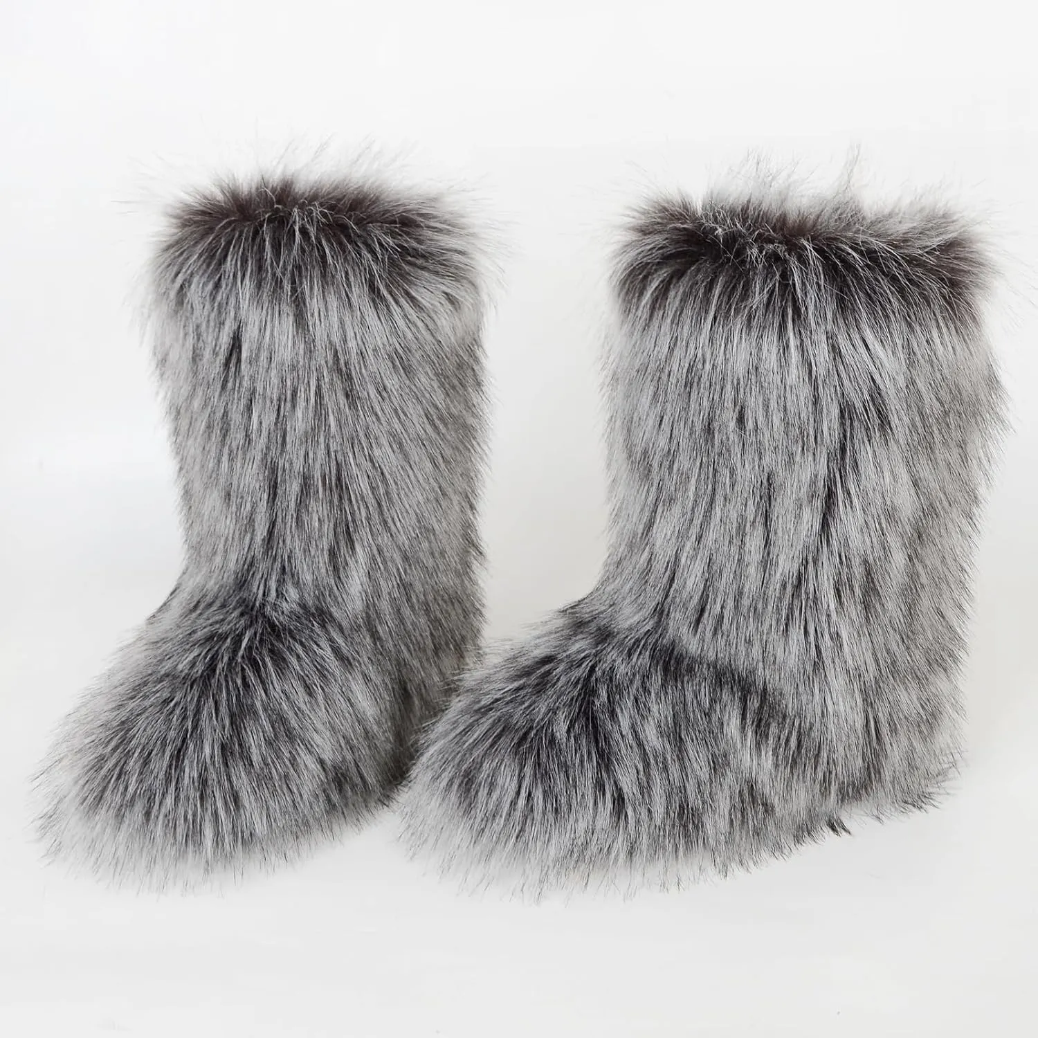QMFUR Women's Furry Faux Fur Boots Fuzzy Fluffy Mid Calf Snow Boots Suede Warm Fur Lined Booties Flat Fashion Boots