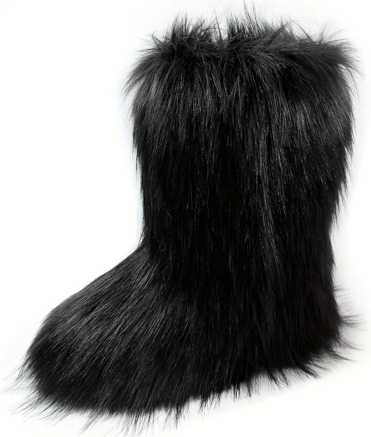 QMFUR Women's Furry Faux Fur Boots Fuzzy Fluffy Mid Calf Snow Boots Suede Warm Fur Lined Booties Flat Fashion Boots