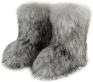 QMFUR Women's Furry Faux Fur Boots Fuzzy Fluffy Mid Calf Snow Boots Suede Warm Fur Lined Booties Flat Fashion Boots