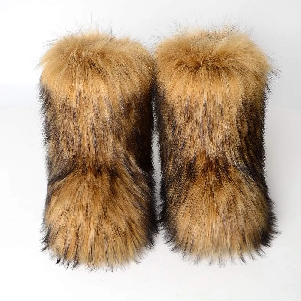 QMFUR Women's Furry Faux Fur Boots Fuzzy Fluffy Mid Calf Snow Boots Suede Warm Fur Lined Booties Flat Fashion Boots