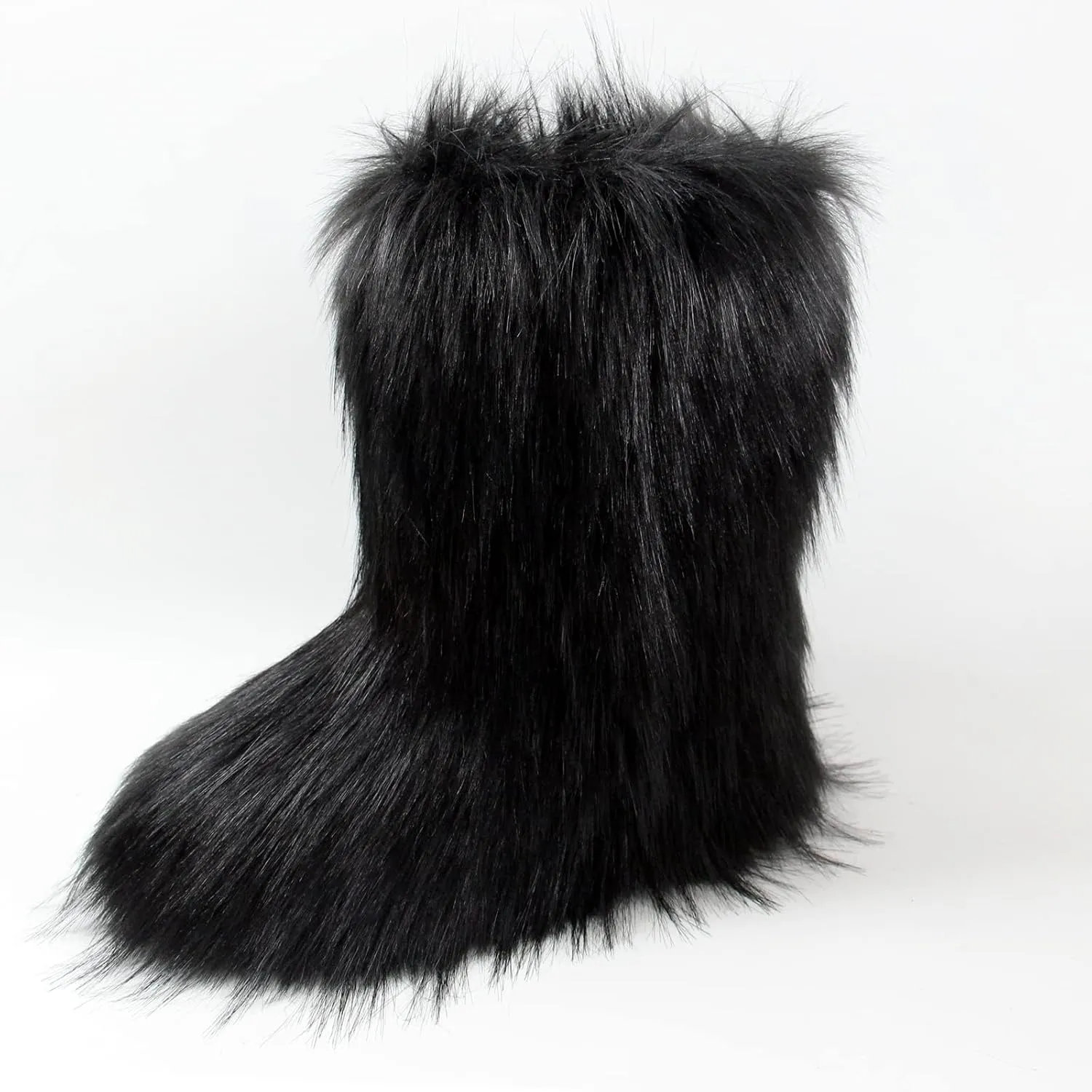 QMFUR Women's Furry Faux Fur Boots Fuzzy Fluffy Mid Calf Snow Boots Suede Warm Fur Lined Booties Flat Fashion Boots