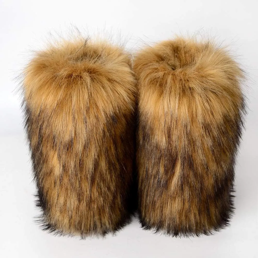 QMFUR Women's Furry Faux Fur Boots Fuzzy Fluffy Mid Calf Snow Boots Suede Warm Fur Lined Booties Flat Fashion Boots