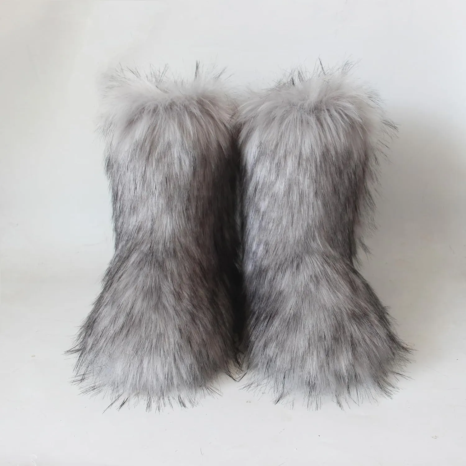QMFUR Women's Furry Faux Fur Boots Fuzzy Fluffy Mid Calf Snow Boots Suede Warm Fur Lined Booties Flat Fashion Boots