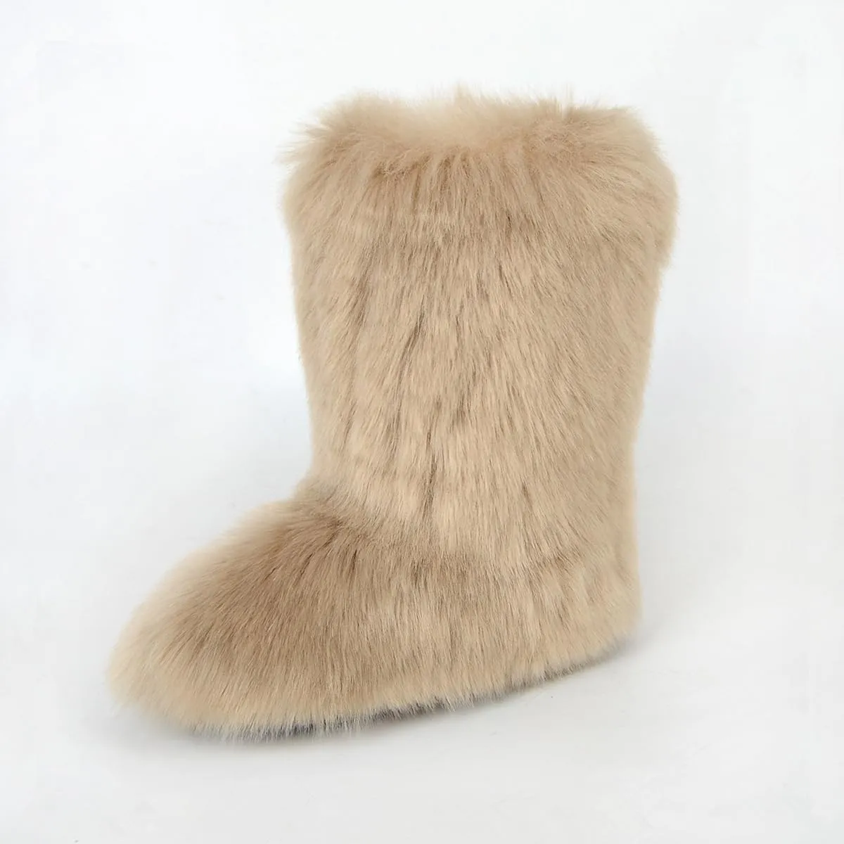 QMFUR Women's Furry Faux Fur Boots Fuzzy Fluffy Mid Calf Snow Boots Suede Warm Fur Lined Booties Flat Fashion Boots