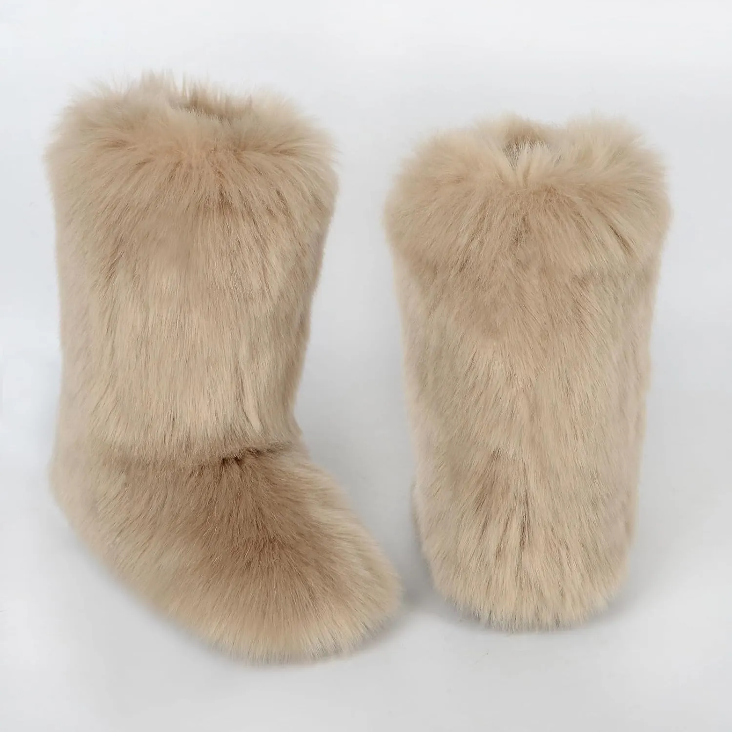 QMFUR Women's Furry Faux Fur Boots Fuzzy Fluffy Mid Calf Snow Boots Suede Warm Fur Lined Booties Flat Fashion Boots