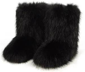 QMFUR Women's Furry Faux Fur Boots Fuzzy Fluffy Mid Calf Snow Boots Suede Warm Fur Lined Booties Flat Fashion Boots