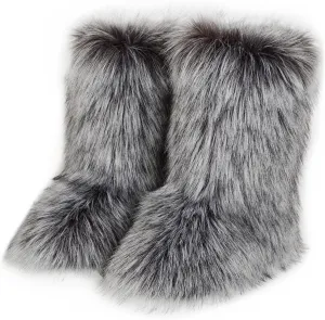 QMFUR Women's Furry Faux Fur Boots Fuzzy Fluffy Mid Calf Snow Boots Suede Warm Fur Lined Booties Flat Fashion Boots