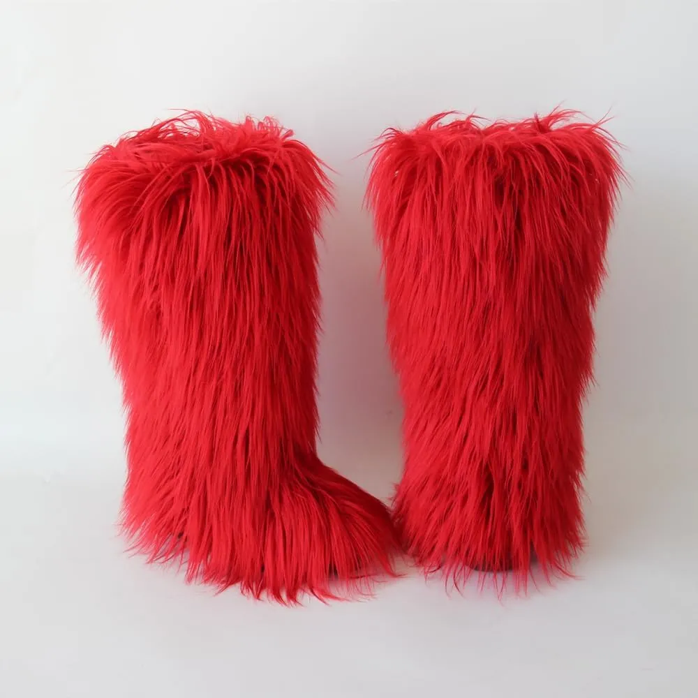 QMFUR Women's Furry Knee High Snow Boots Faux Fur Mid-Calf Boots Fluffy Flat boot Winter Warm Fashion Boots