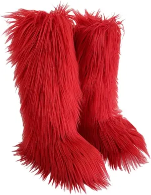 QMFUR Women's Furry Knee High Snow Boots Faux Fur Mid-Calf Boots Fluffy Flat boot Winter Warm Fashion Boots