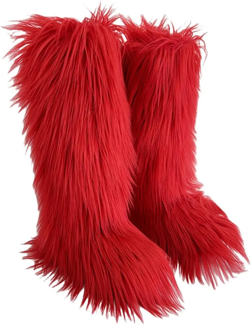 QMFUR Women's Furry Knee High Snow Boots Faux Fur Mid-Calf Boots Fluffy Flat boot Winter Warm Fashion Boots