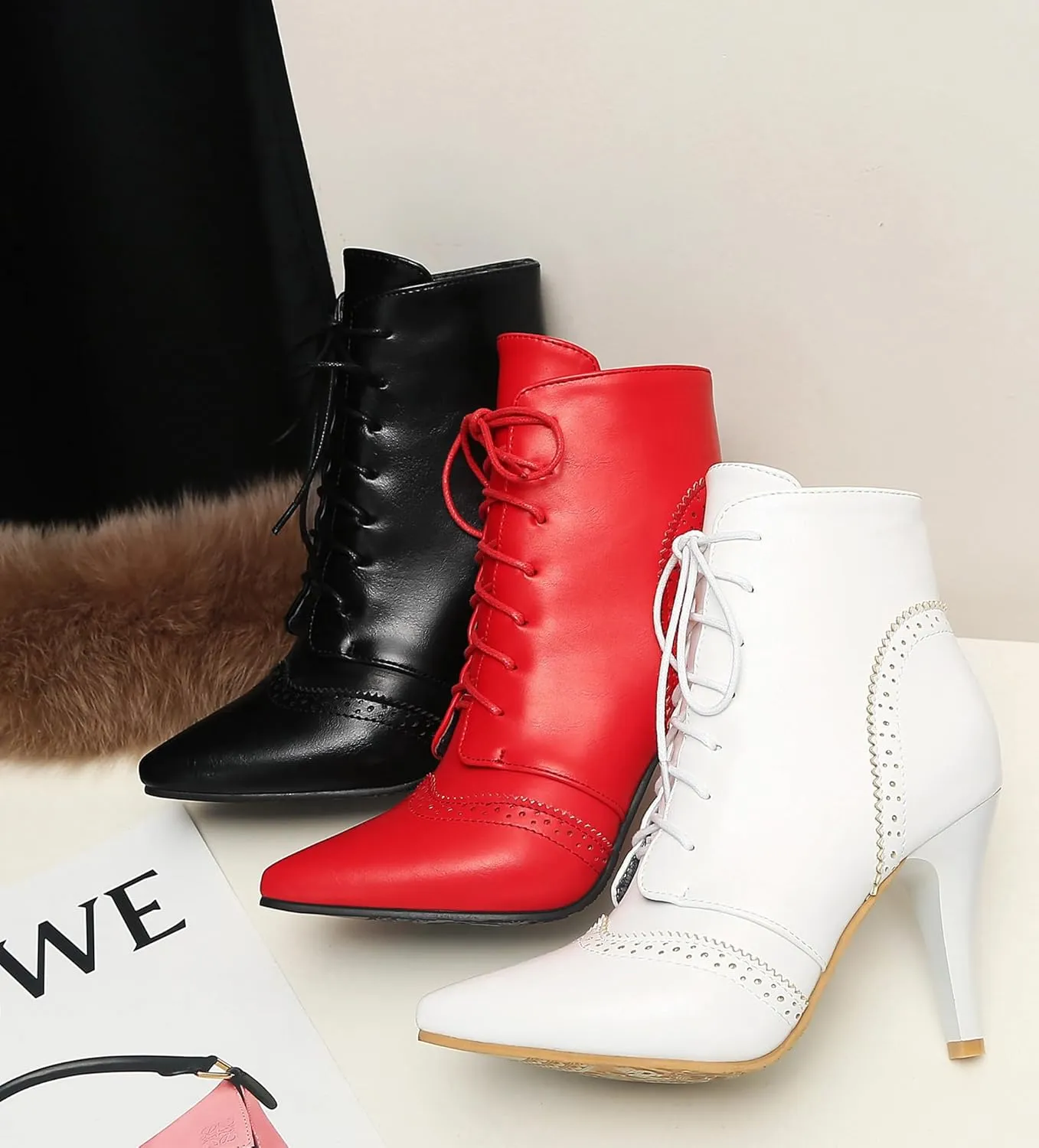 Quimeir Womens Stiletto Ankle Boots Pointed Toe Lace Up High Heel Booties