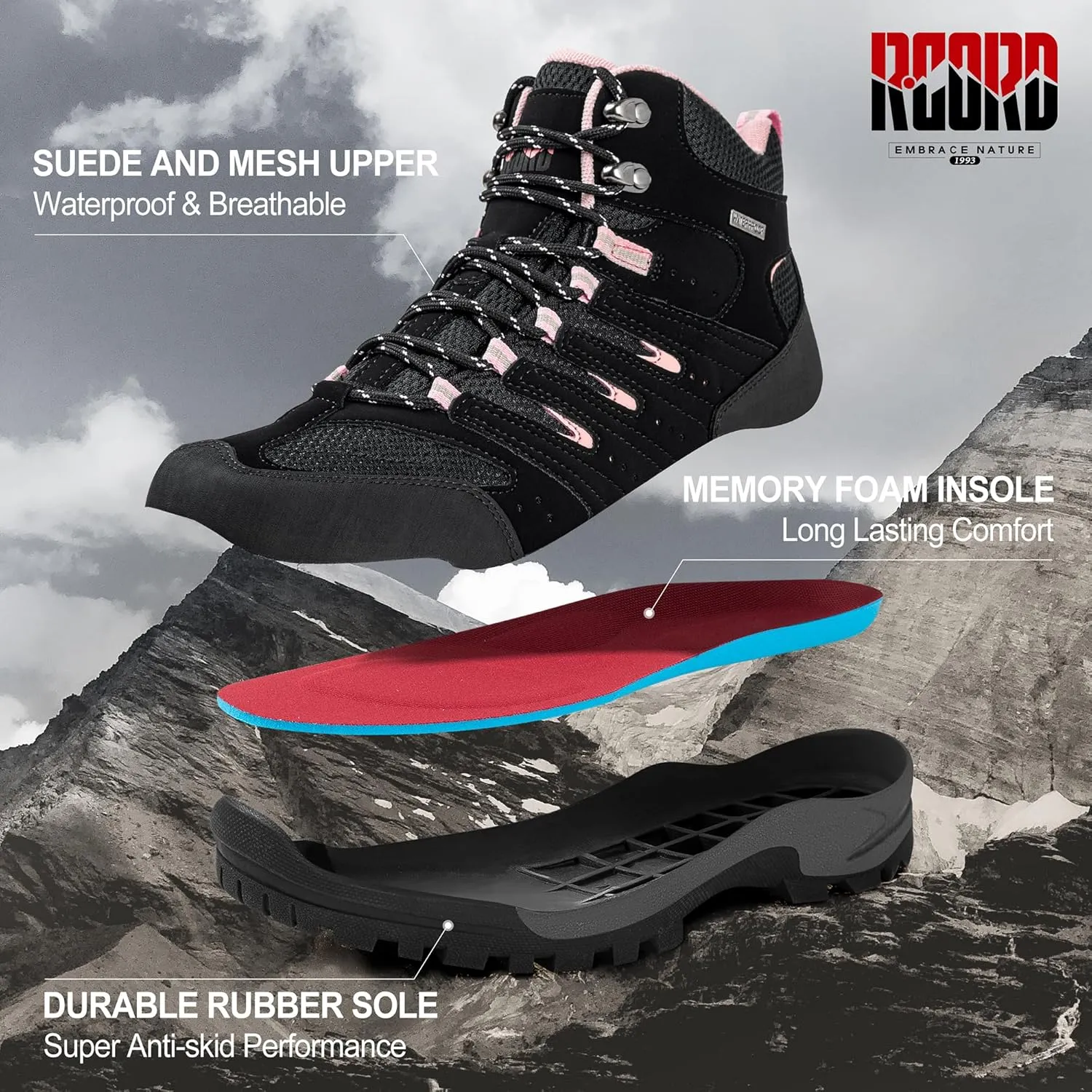 R CORD Hiking Boots Women Waterproof Womens Hiking Boots Comfortable Non-Slip Womens Hiking Shoes Walking Trekking Camping Tennis Sport Sneakers