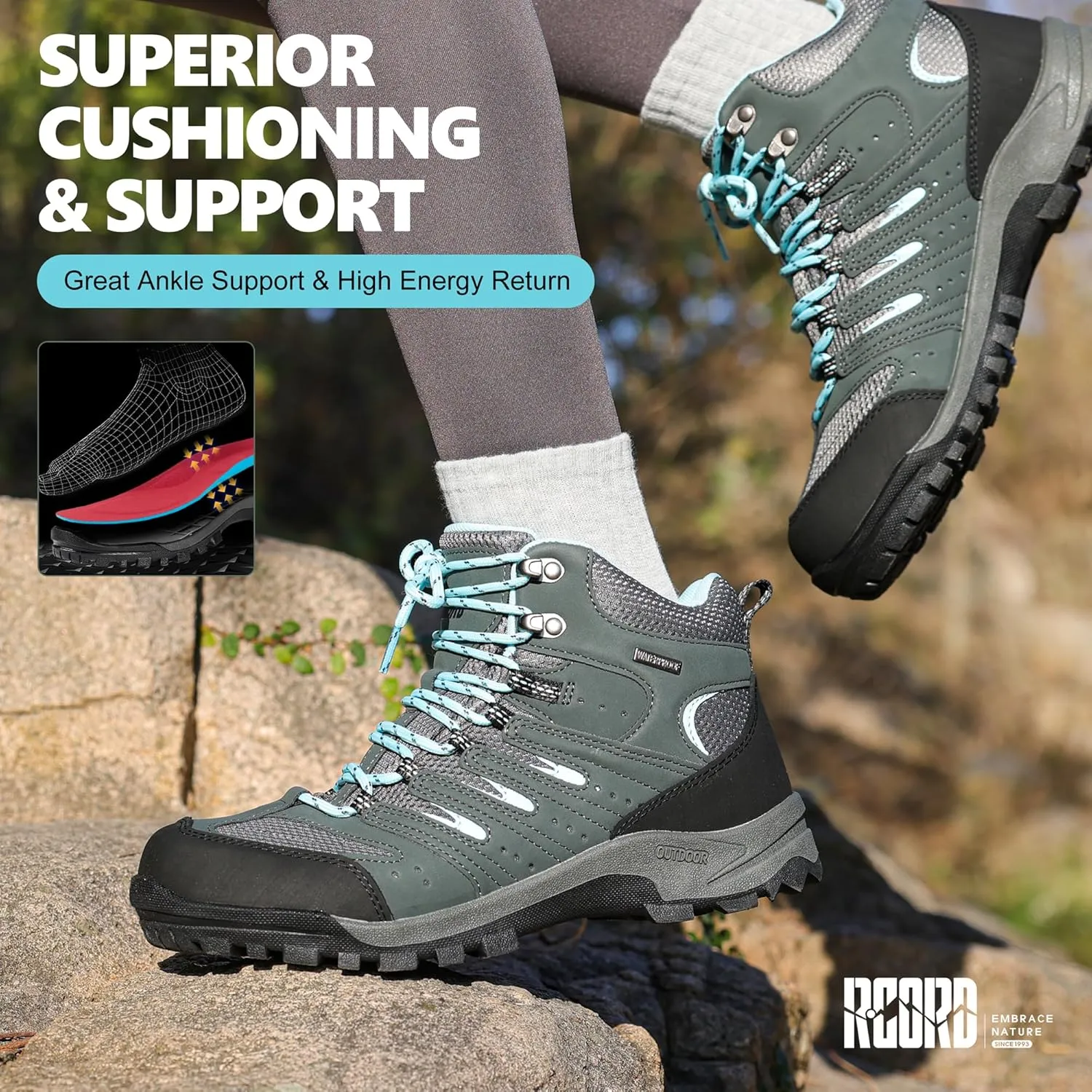 R CORD Hiking Boots Women Waterproof Womens Hiking Boots Comfortable Non-Slip Womens Hiking Shoes Walking Trekking Camping Tennis Sport Sneakers