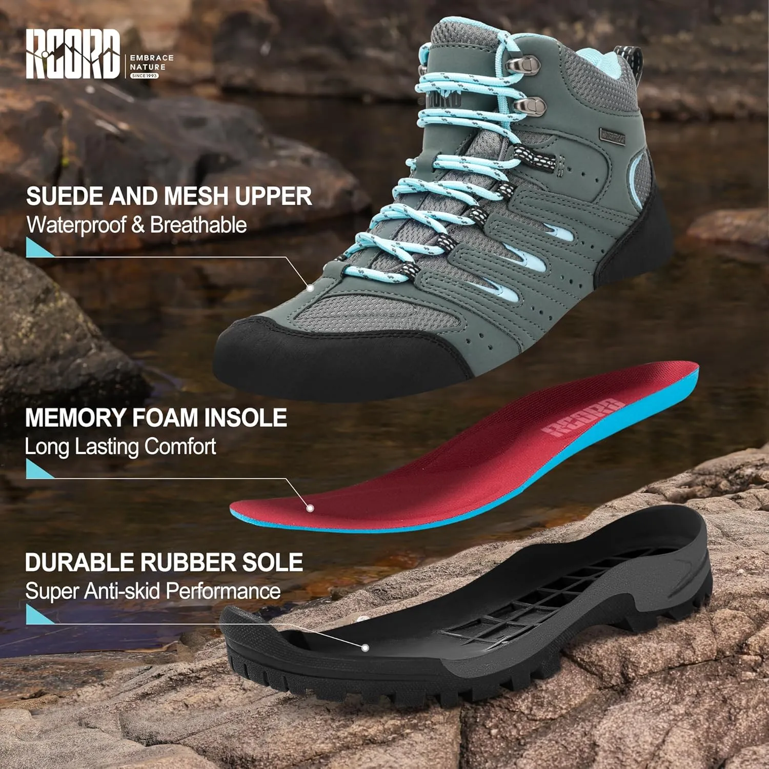 R CORD Hiking Boots Women Waterproof Womens Hiking Boots Comfortable Non-Slip Womens Hiking Shoes Walking Trekking Camping Tennis Sport Sneakers
