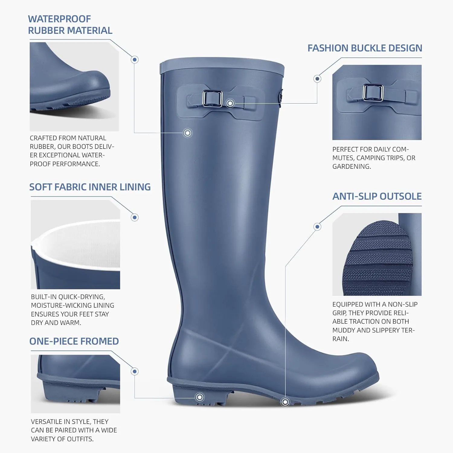 Rain Boots for Women Waterproof Rubber Boots Tall Knee High RainBoots Garden Boots Anti-Slip Wellington Rain Shoes