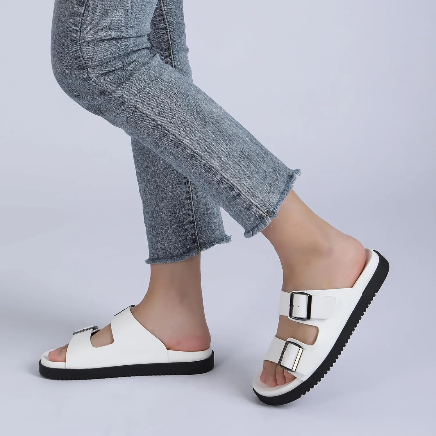 Rihero Women's Flat Sandals Comfort Adjustable Double Strap Slip on Leather Footbed Sandals