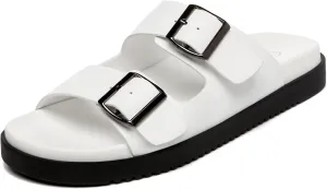 Rihero Women's Flat Sandals Comfort Adjustable Double Strap Slip on Leather Footbed Sandals