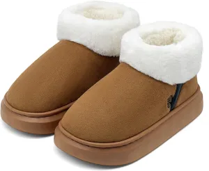 rosyclo Ankle Winter Boots for Women, Suede Faux Fur Furry Lining Warm Women's Snow Mini Boot Lightweight Anti-Slip Fuzzy Classic Memory Foam Comfort Shoes Short Booties for Indoor Outdoor, Chestnut