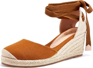 Ruanyu Womens Platform Espadrille Sandals Lace Up Closed Toe Summer Wedge Sandals