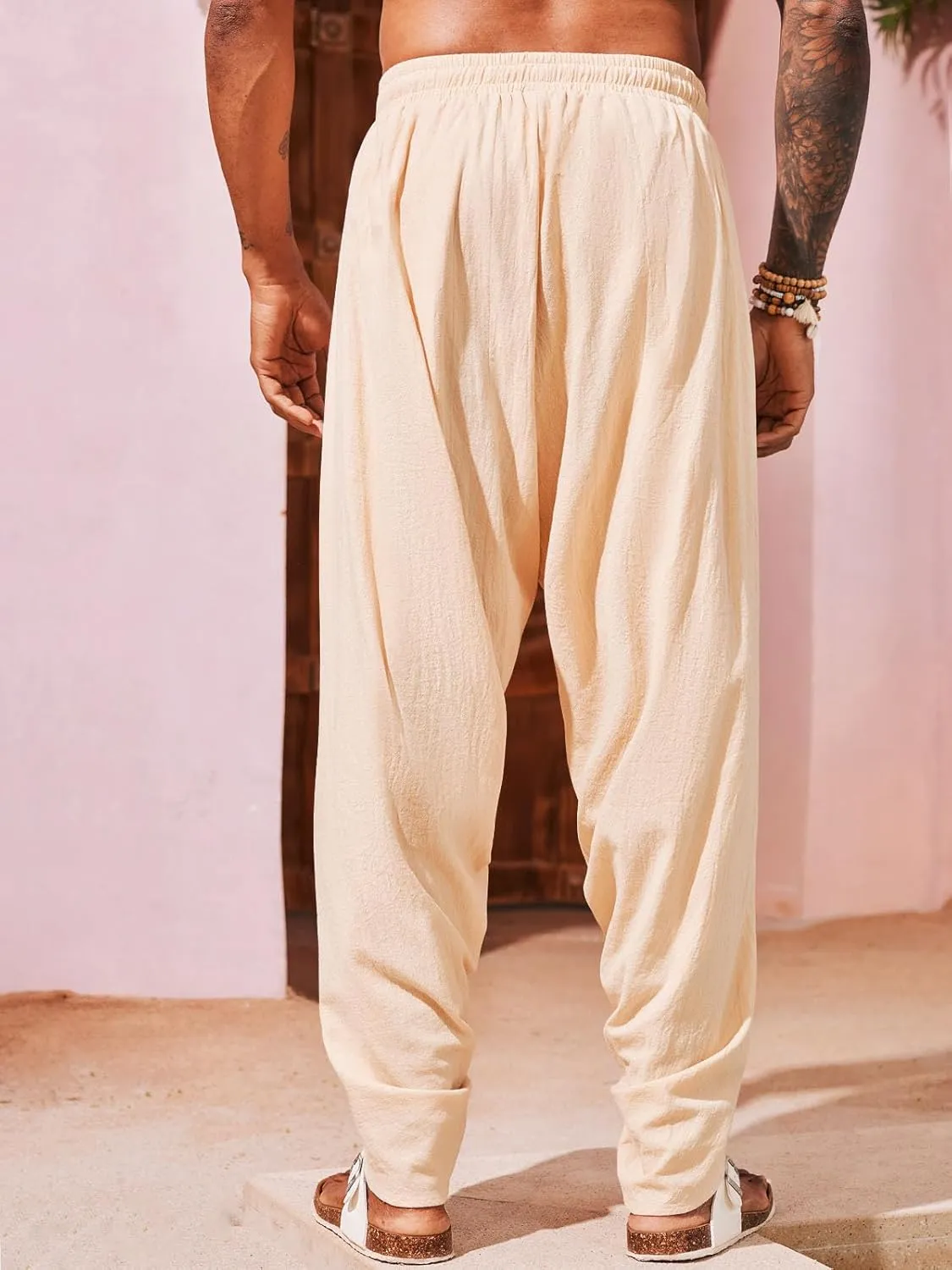 Runcati Mens Linen Harem Pants Casual Elastic Waist Pants Baggy Boho Yoga Hippie Summer Beach Kurta Dhoti Trousers