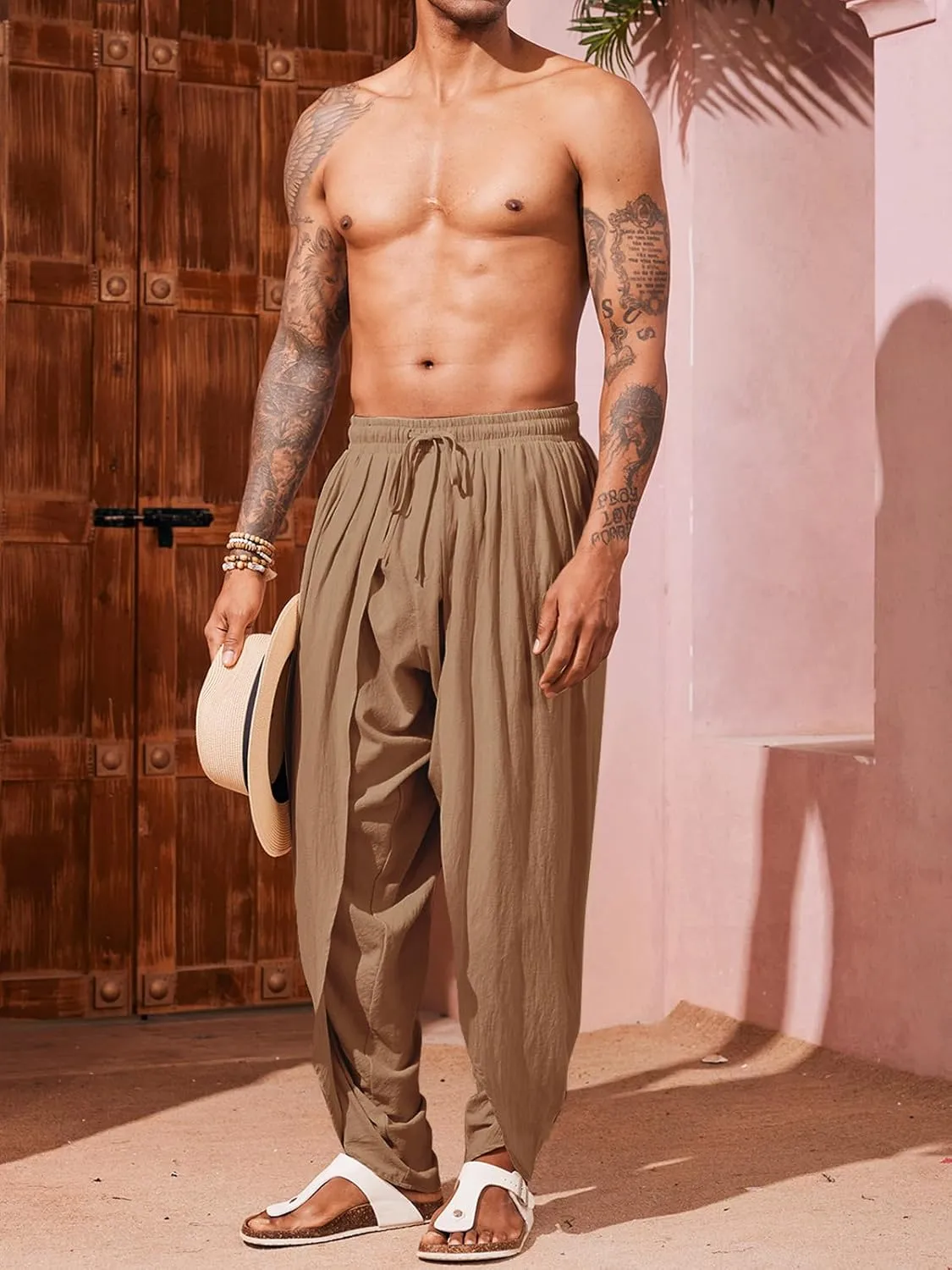 Runcati Mens Linen Harem Pants Casual Elastic Waist Pants Baggy Boho Yoga Hippie Summer Beach Kurta Dhoti Trousers