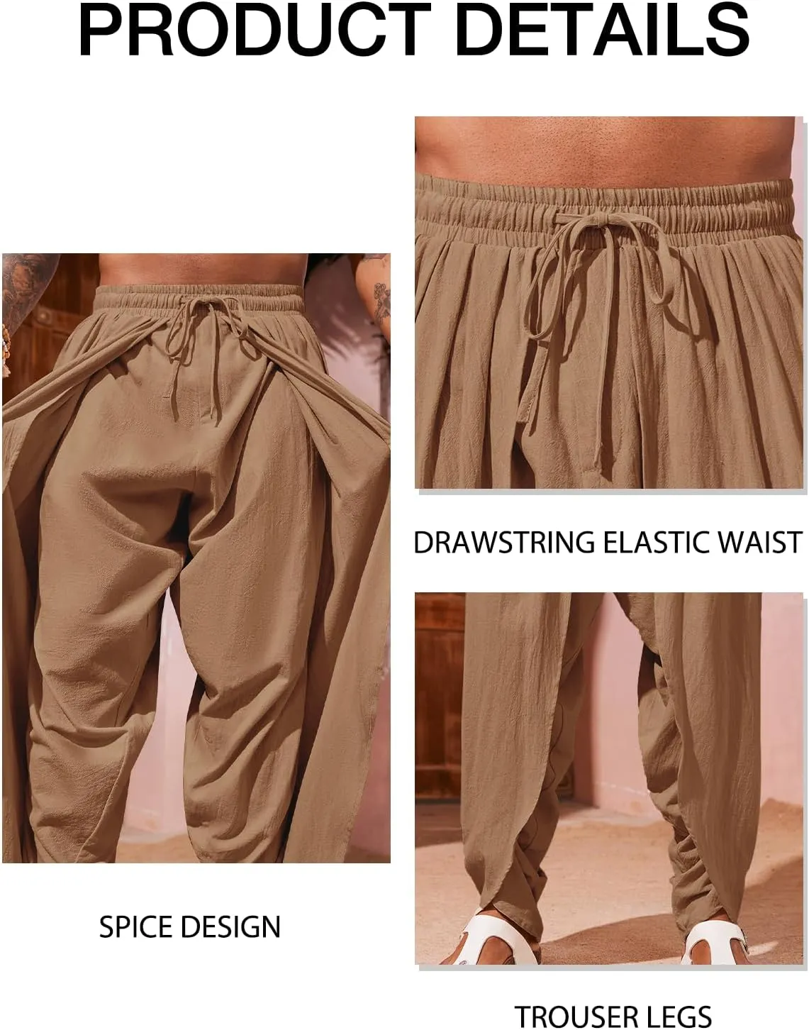 Runcati Mens Linen Harem Pants Casual Elastic Waist Pants Baggy Boho Yoga Hippie Summer Beach Kurta Dhoti Trousers