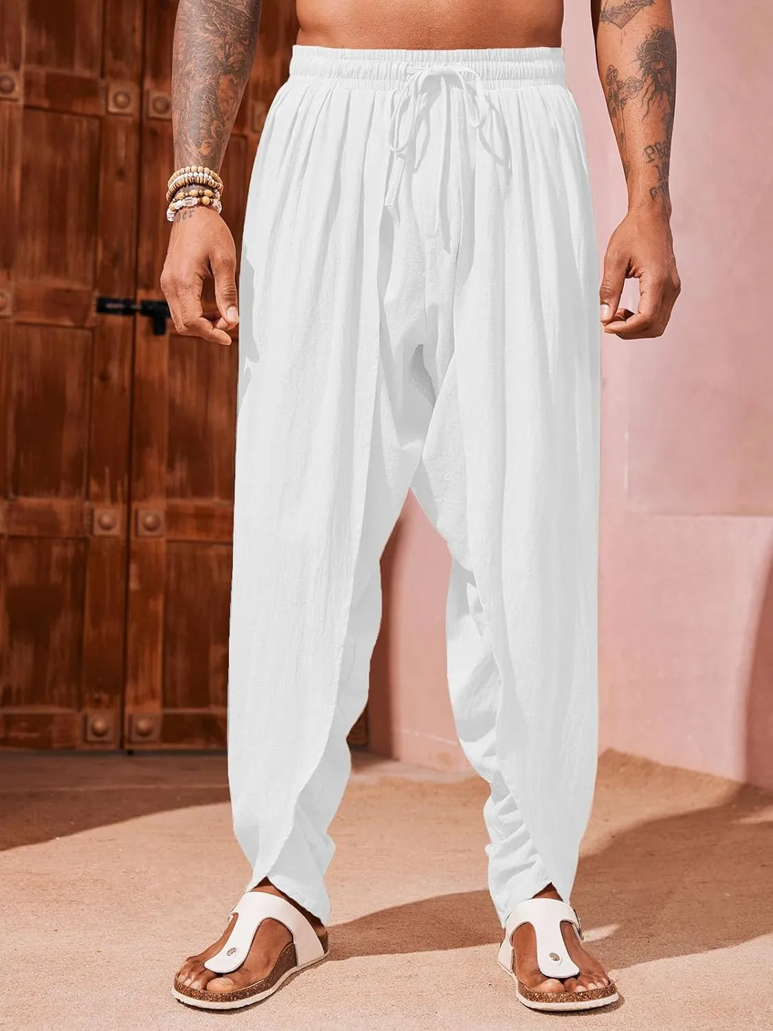 Runcati Mens Linen Harem Pants Casual Elastic Waist Pants Baggy Boho Yoga Hippie Summer Beach Kurta Dhoti Trousers