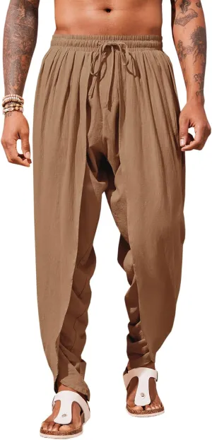 Runcati Mens Linen Harem Pants Casual Elastic Waist Pants Baggy Boho Yoga Hippie Summer Beach Kurta Dhoti Trousers