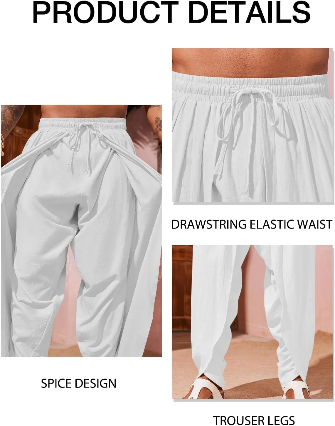 Runcati Mens Linen Harem Pants Casual Elastic Waist Pants Baggy Boho Yoga Hippie Summer Beach Kurta Dhoti Trousers