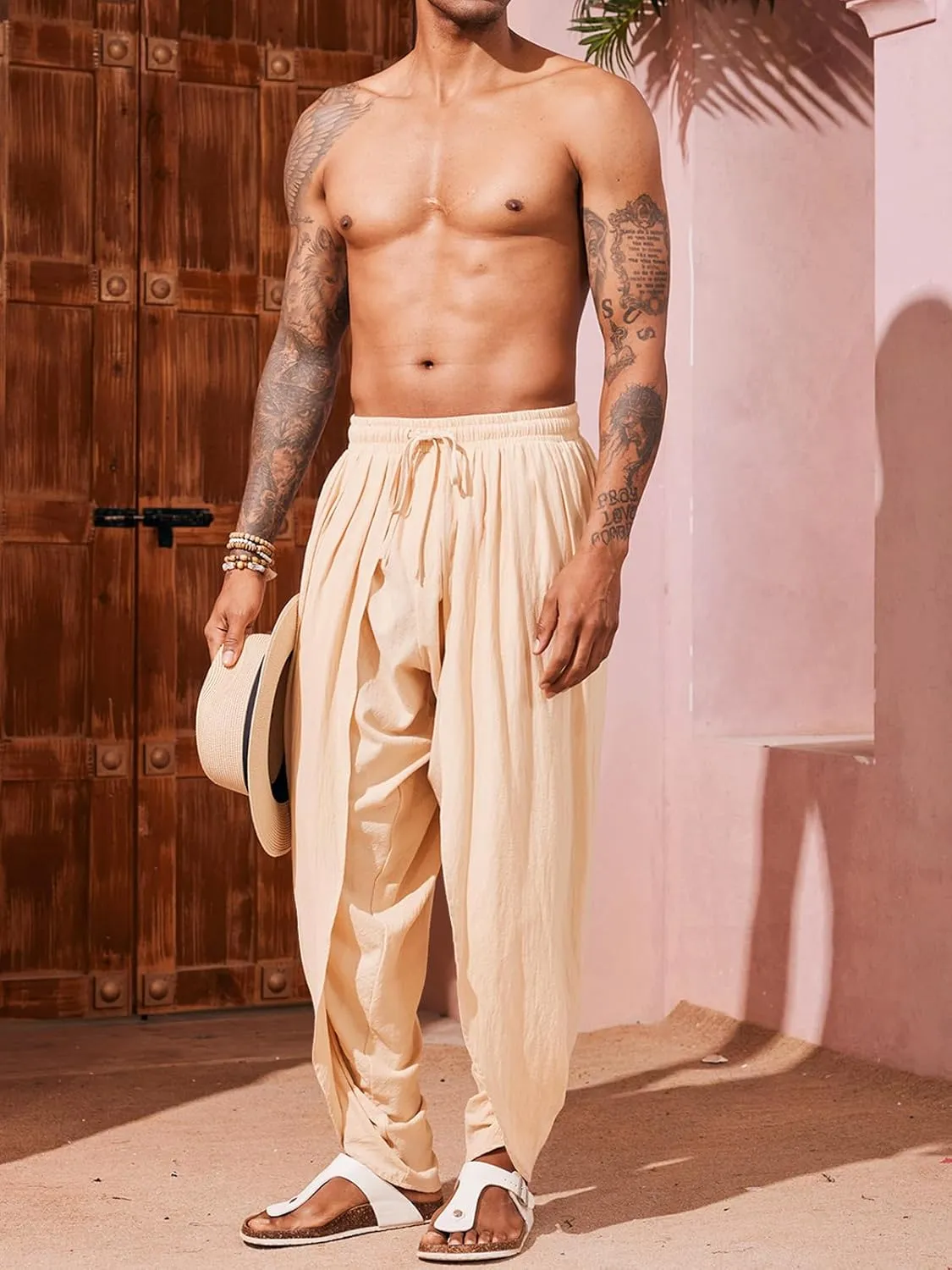 Runcati Mens Linen Harem Pants Casual Elastic Waist Pants Baggy Boho Yoga Hippie Summer Beach Kurta Dhoti Trousers