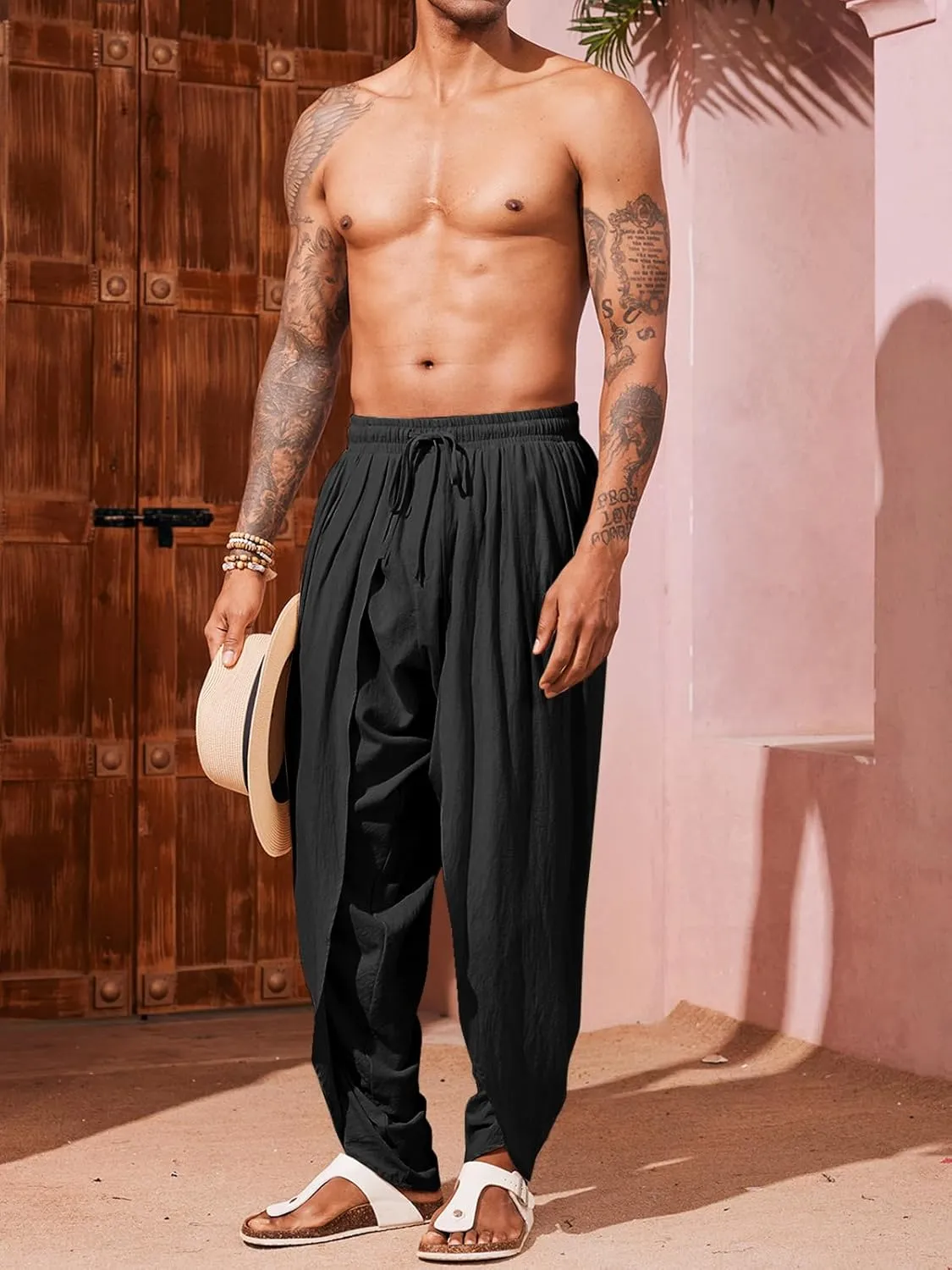 Runcati Mens Linen Harem Pants Casual Elastic Waist Pants Baggy Boho Yoga Hippie Summer Beach Kurta Dhoti Trousers