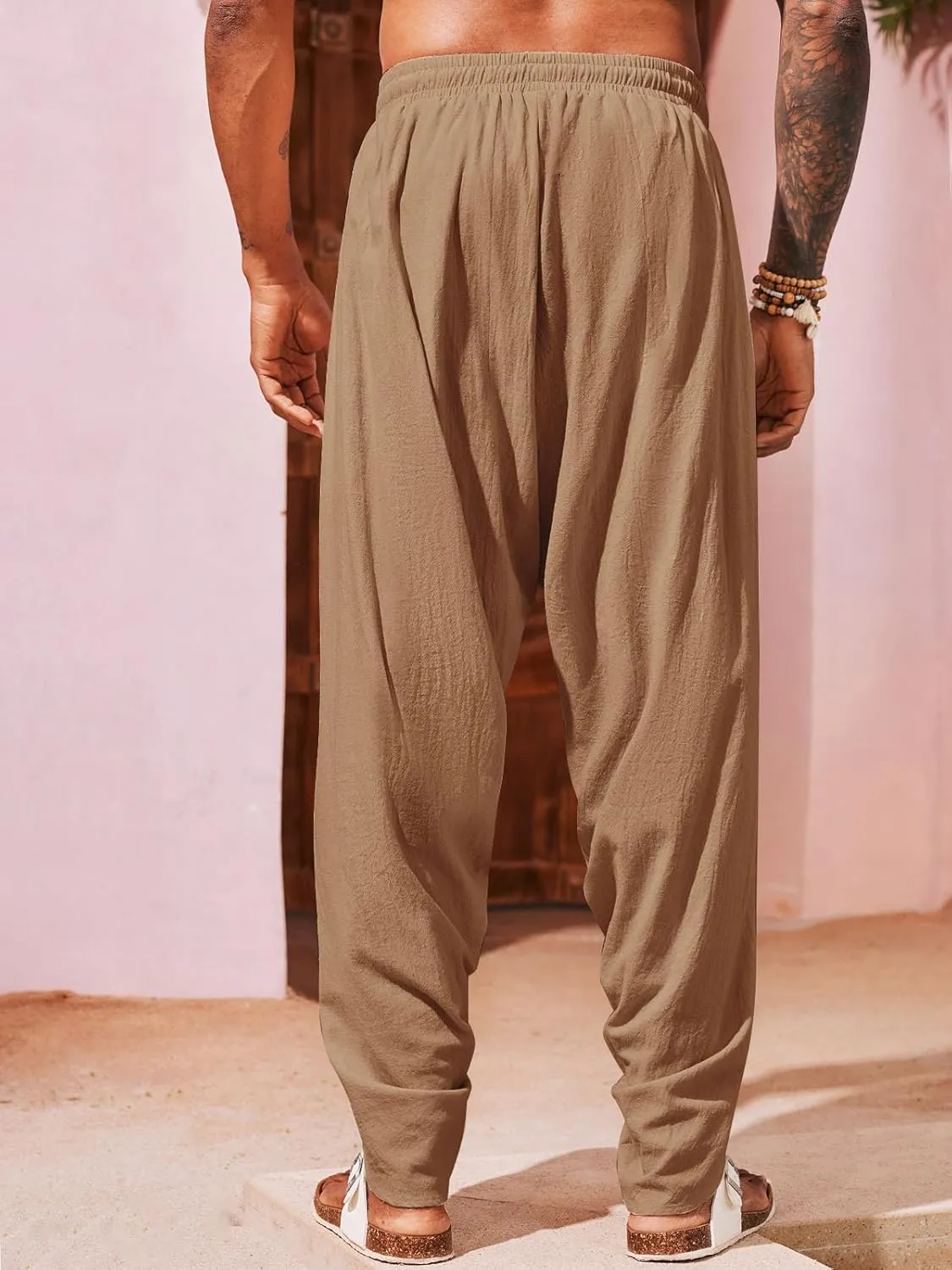Runcati Mens Linen Harem Pants Casual Elastic Waist Pants Baggy Boho Yoga Hippie Summer Beach Kurta Dhoti Trousers