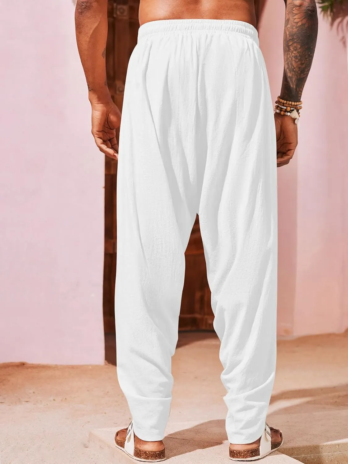 Runcati Mens Linen Harem Pants Casual Elastic Waist Pants Baggy Boho Yoga Hippie Summer Beach Kurta Dhoti Trousers
